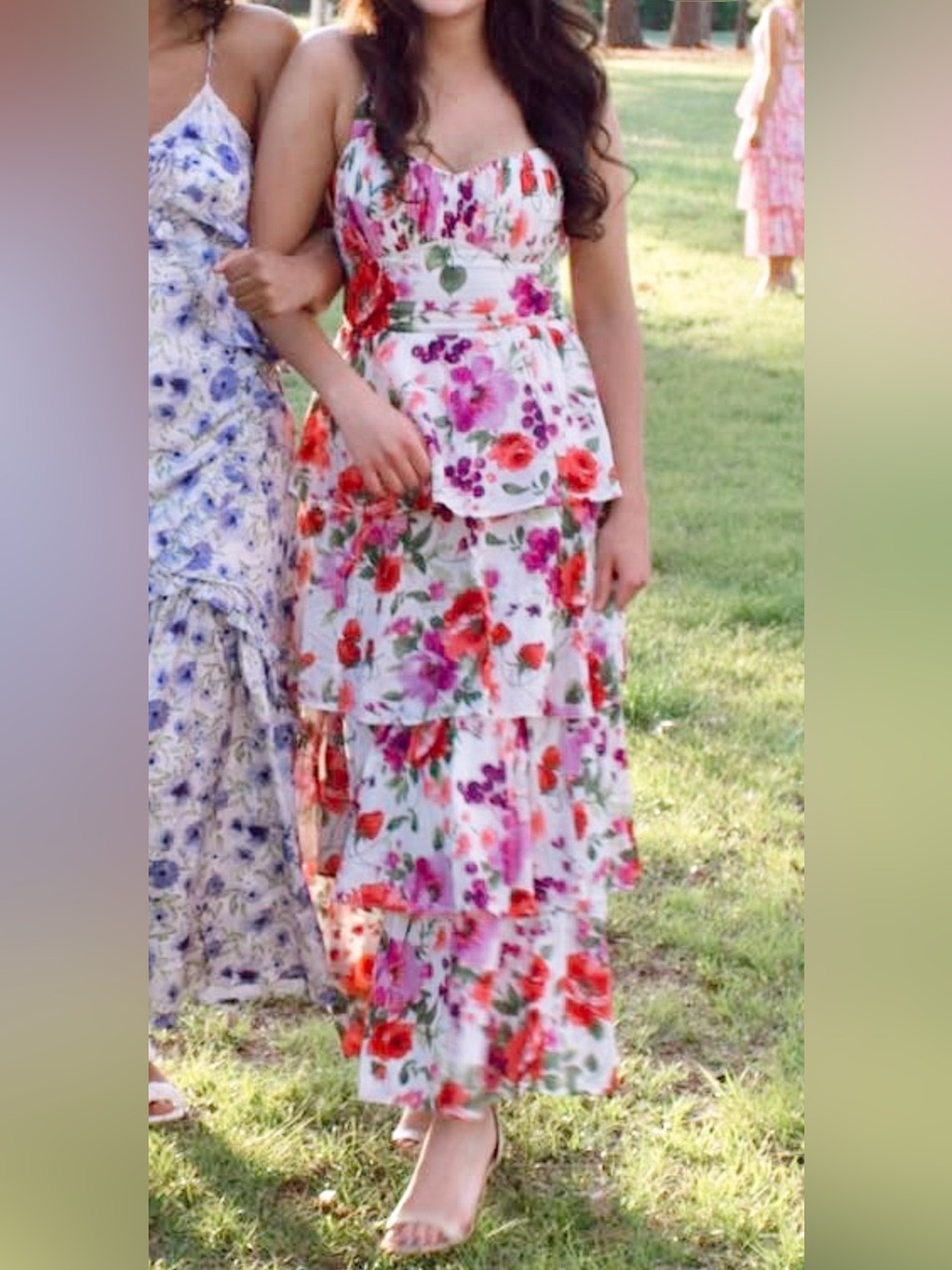 Abercrombie Floral Tiered Maxi Dress- White with Pink & Red Bloom